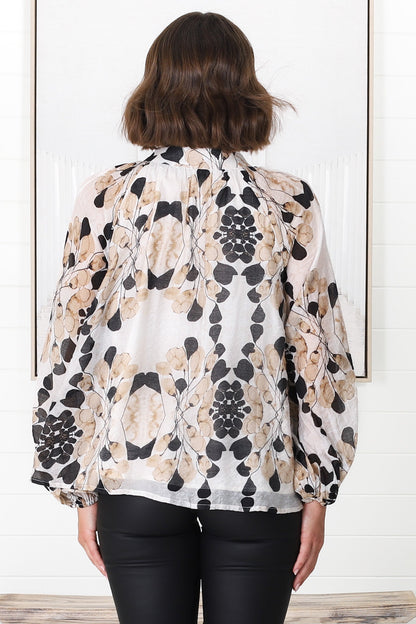 Portia Blouse - Button Down Mandarin Collar Shirt in Calea Print Beige