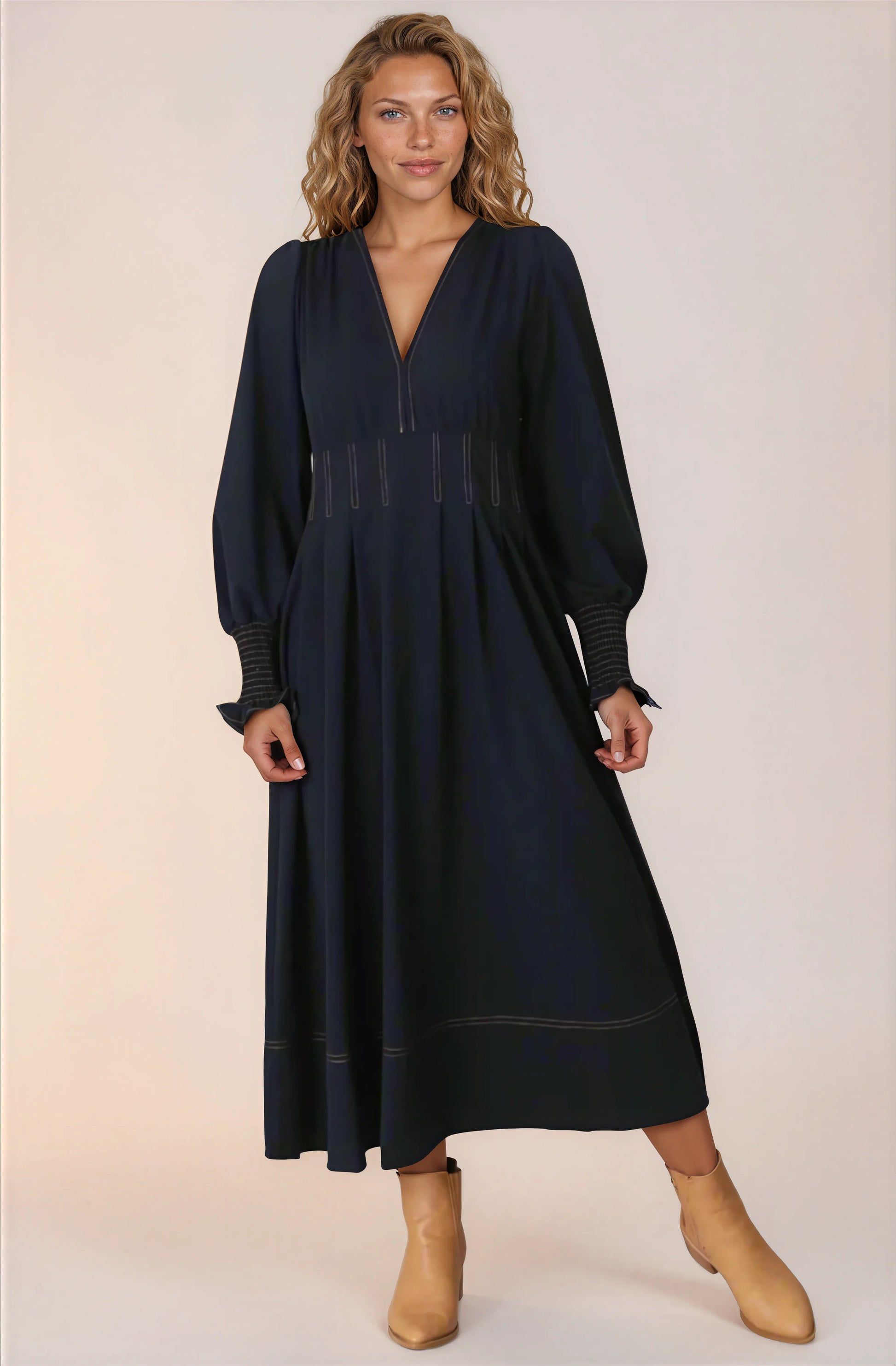 Karey Midi Dress - Fit and Flare Contrast Stitching Dress in Dark Denim
