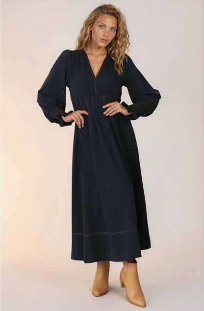 Karey Midi Dress - Fit and Flare Contrast Stitching Dress in Dark Denim