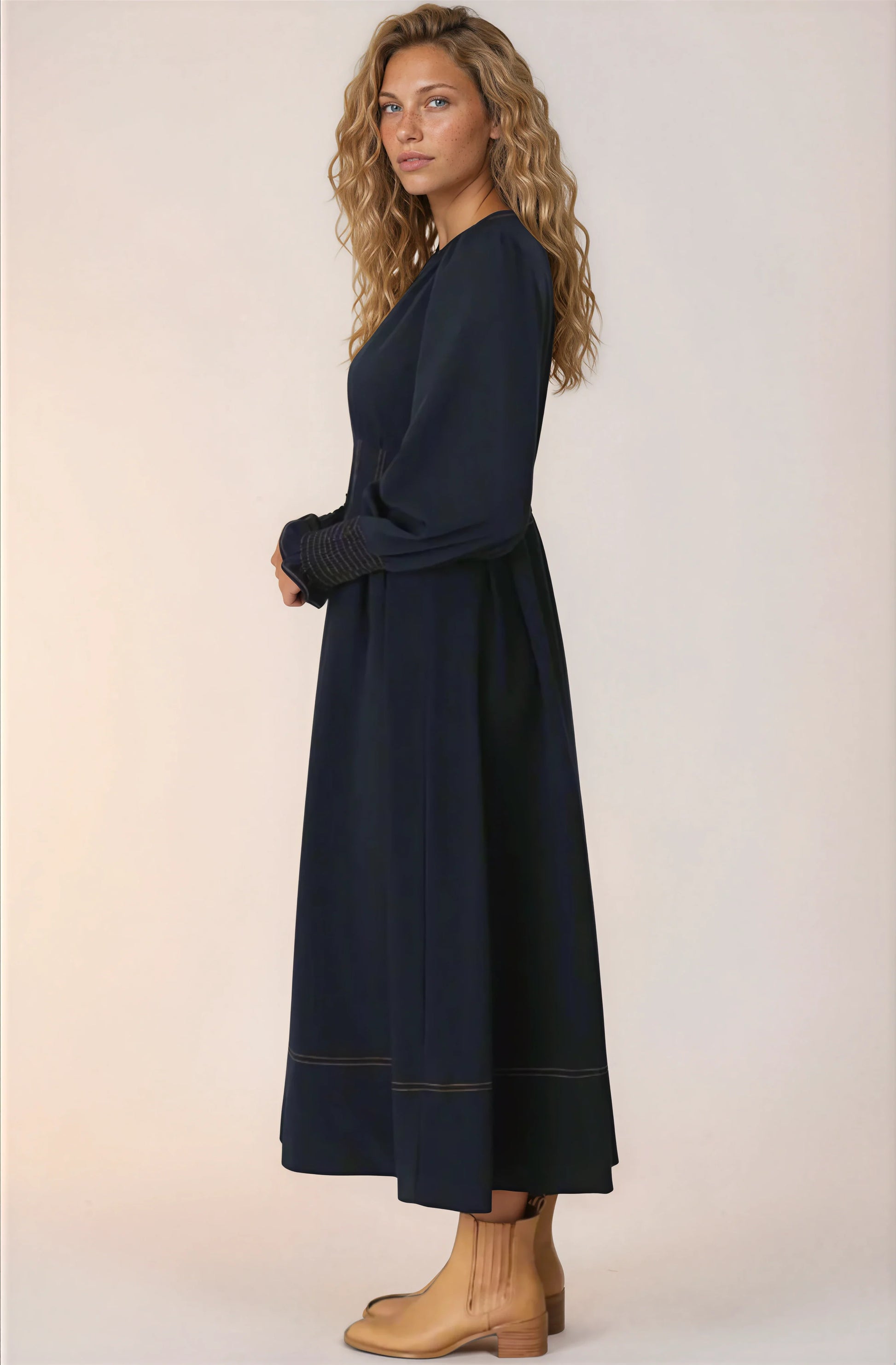 Karey Midi Dress - Fit and Flare Contrast Stitching Dress in Dark Denim