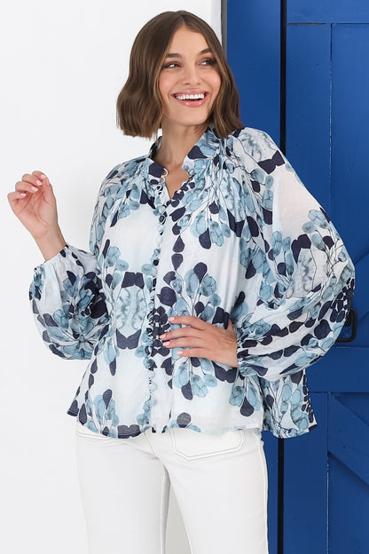 Portia Blouse - Button Down Mandarin Collar Shirt in Calea Print Blue