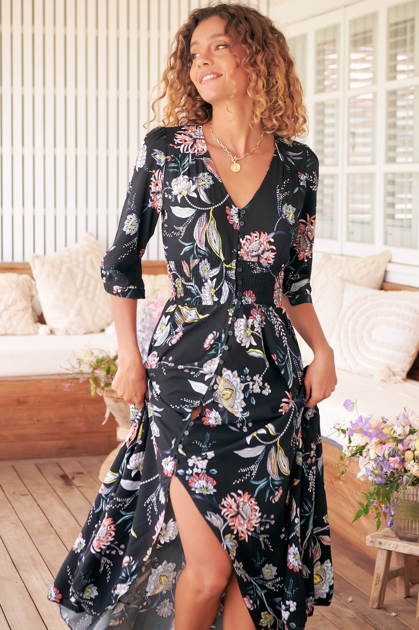 JAASE - Indiana Maxi Dress: Lace Back Shirred Waist A Line Dress with Handkerchief Hemline in Under The Stars Print