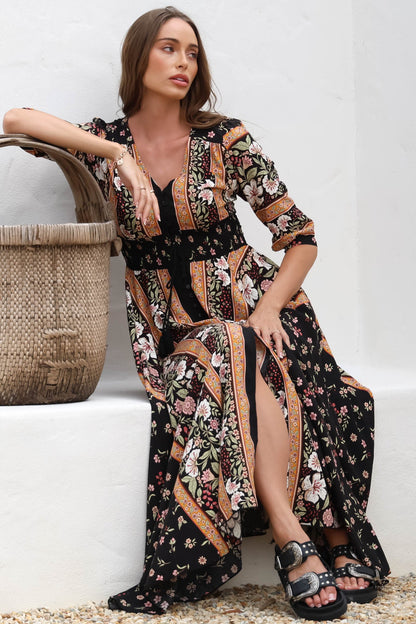 JAASE - Indiana Maxi Dress: Lace Back Shirred Waist A Line Dress with Handkerchief Hemline in Eternity Print