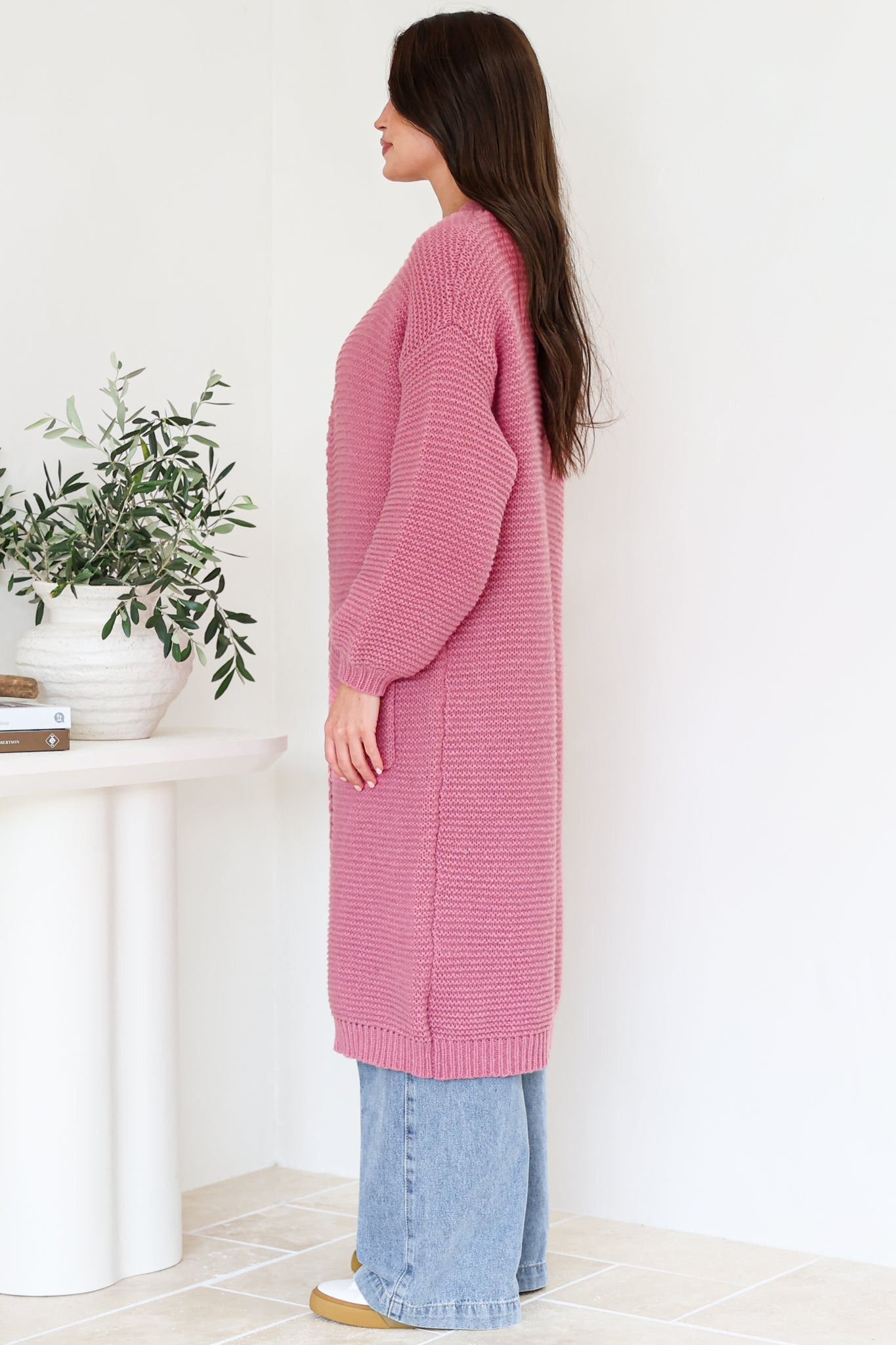 Jacky Cardigan - Ribbed Longline Knit with Balloon Sleeves and Pockets in Pink