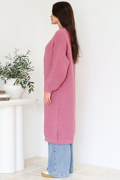 Jacky Cardigan - Ribbed Longline Knit with Balloon Sleeves and Pockets in Pink