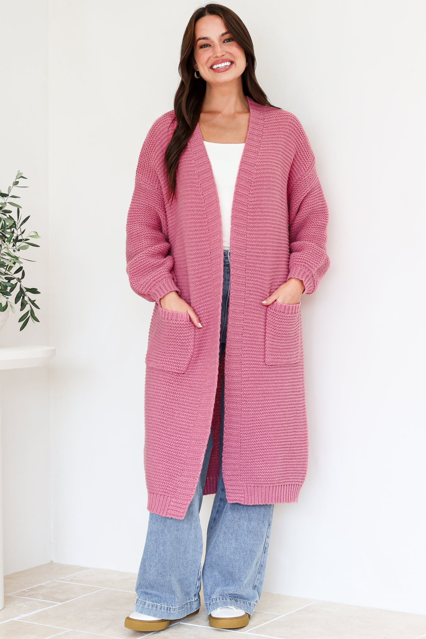 Jacky Cardigan - Ribbed Longline Knit with Balloon Sleeves and Pockets in Pink