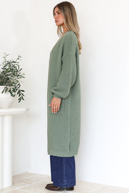 Jacky Cardigan - Ribbed Longline Knit with Balloon Sleeves and Pockets in Sage