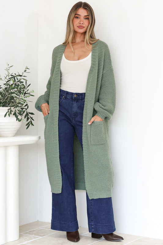 Jacky Cardigan - Ribbed Longline Knit with Balloon Sleeves and Pockets in Sage