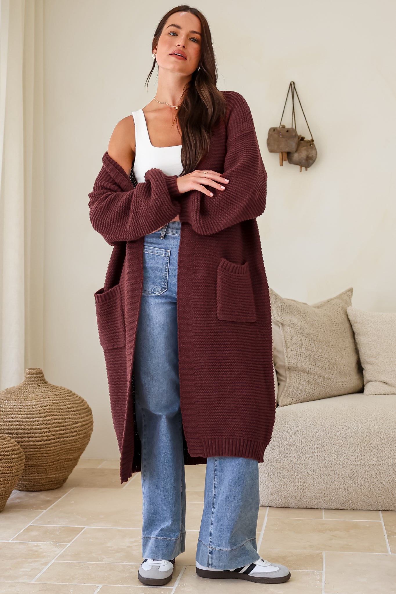 Jacky Cardigan - Ribbed Longline Knit with Balloon Sleeves and Pockets in Wine