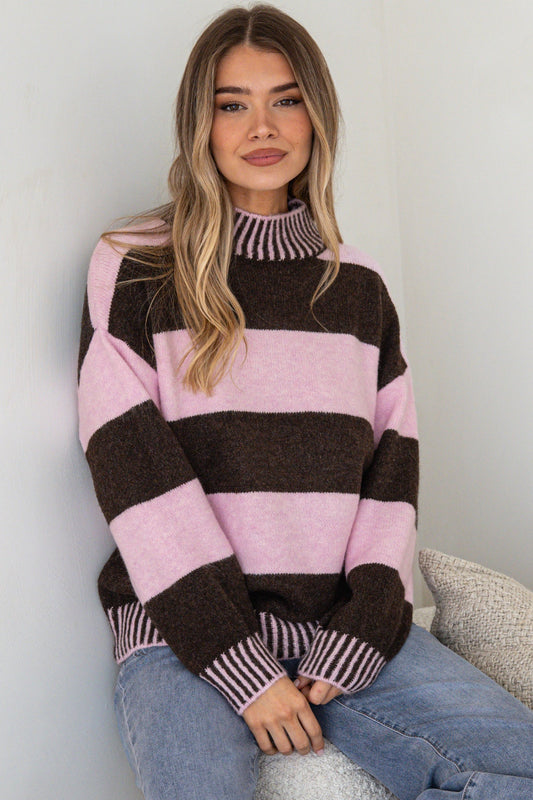 Janie Jumper - Mock Neck Striped Jumper with Contrast Stripe Hemlines in Pink
