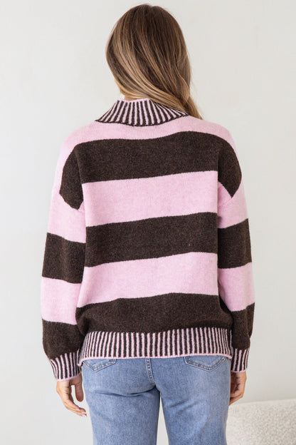 Janie Jumper - Mock Neck Striped Jumper with Contrast Stripe Hemlines in Pink