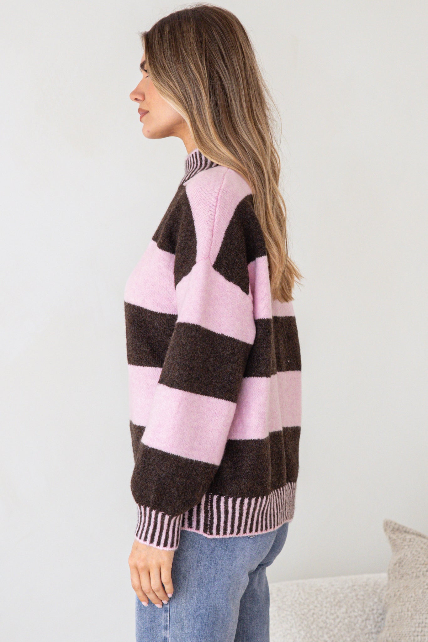 Janie Jumper - Mock Neck Striped Jumper with Contrast Stripe Hemlines in Pink