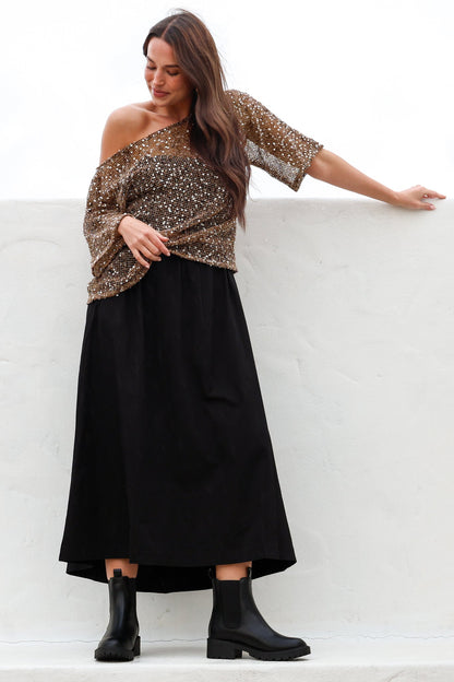 Janina Top - Off Shoulder Asymmetric Relaxed Sequin Mesh Top in Mocha