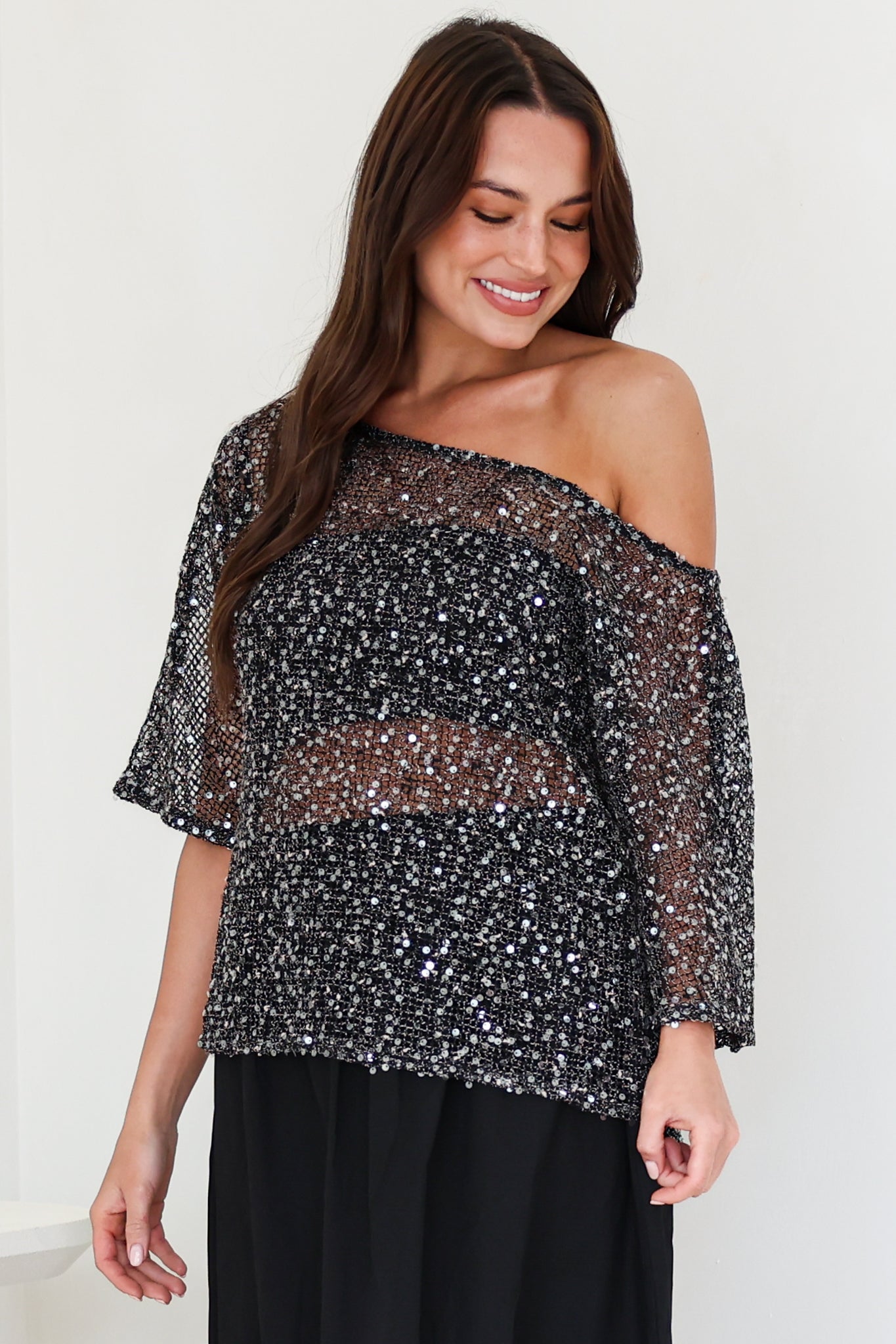 Janina Top - Off Shoulder Asymmetric Relaxed Sequin Mesh Top in Black
