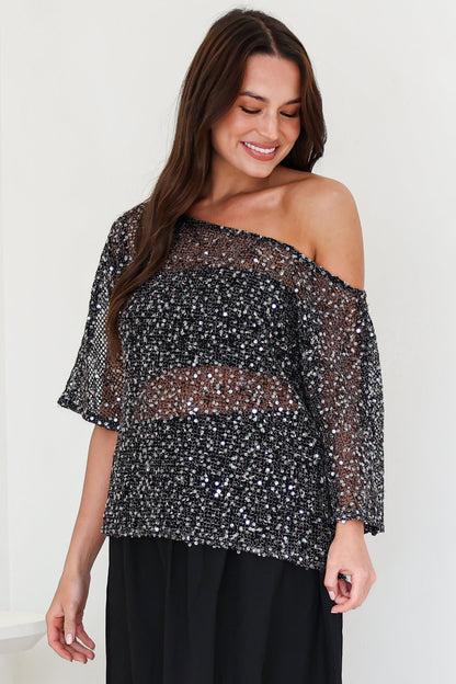 Janina Top - Off Shoulder Asymmetric Relaxed Sequin Mesh Top in Black