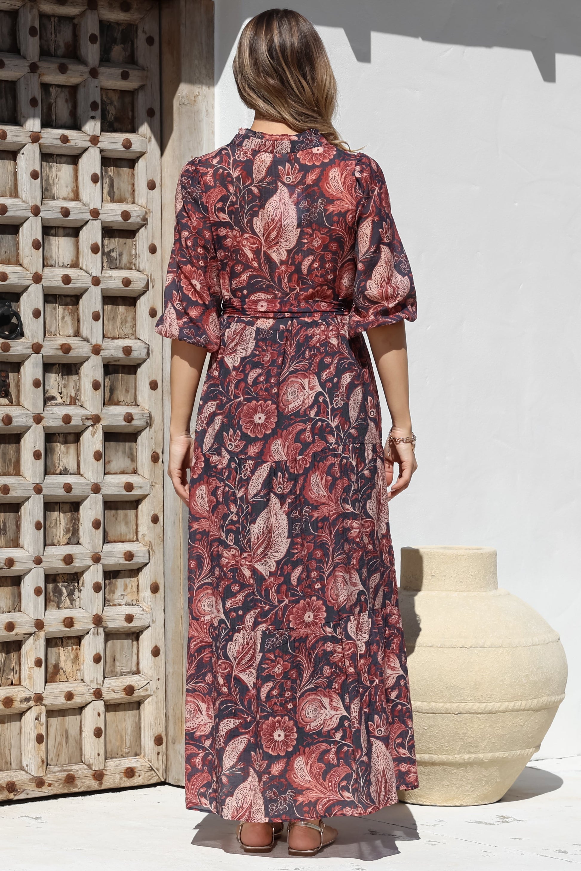 Jenni Maxi Dress - Frill Collar 3/4 Sleeve Dress with Waist Tie in Narah Print