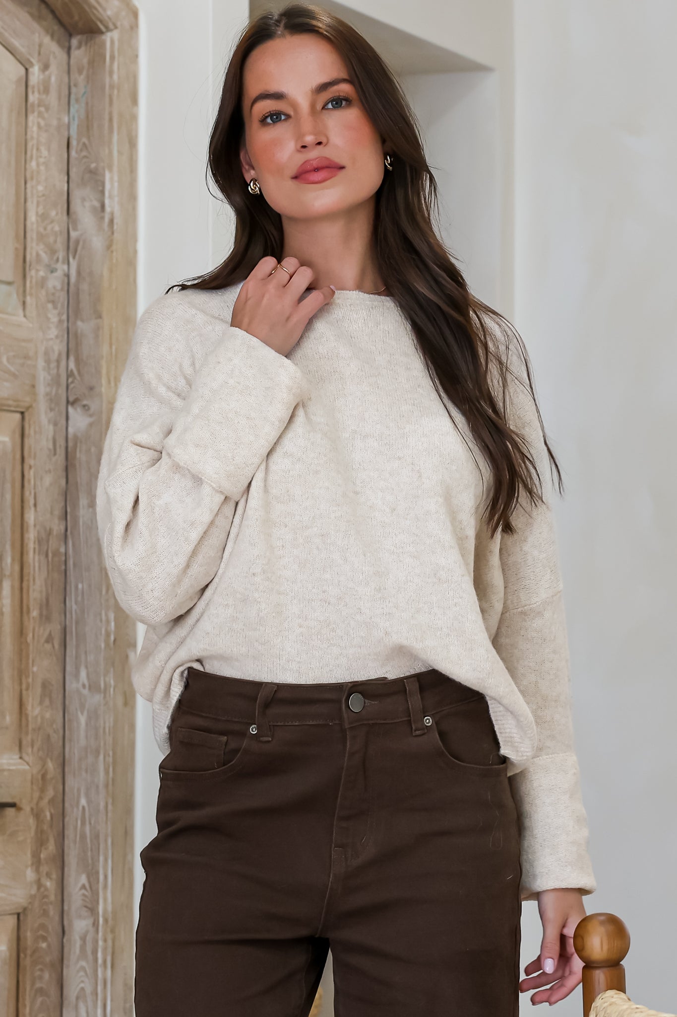Joanne Knit Top - Crew Neckline Bat Wing Long Sleeve Top in Oatmeal