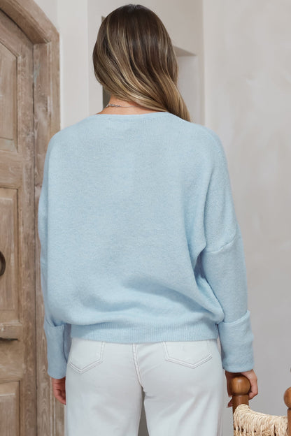 Joanne Knit Top - Crew Neckline Bat Wing Long Sleeve Top in Baby Blue