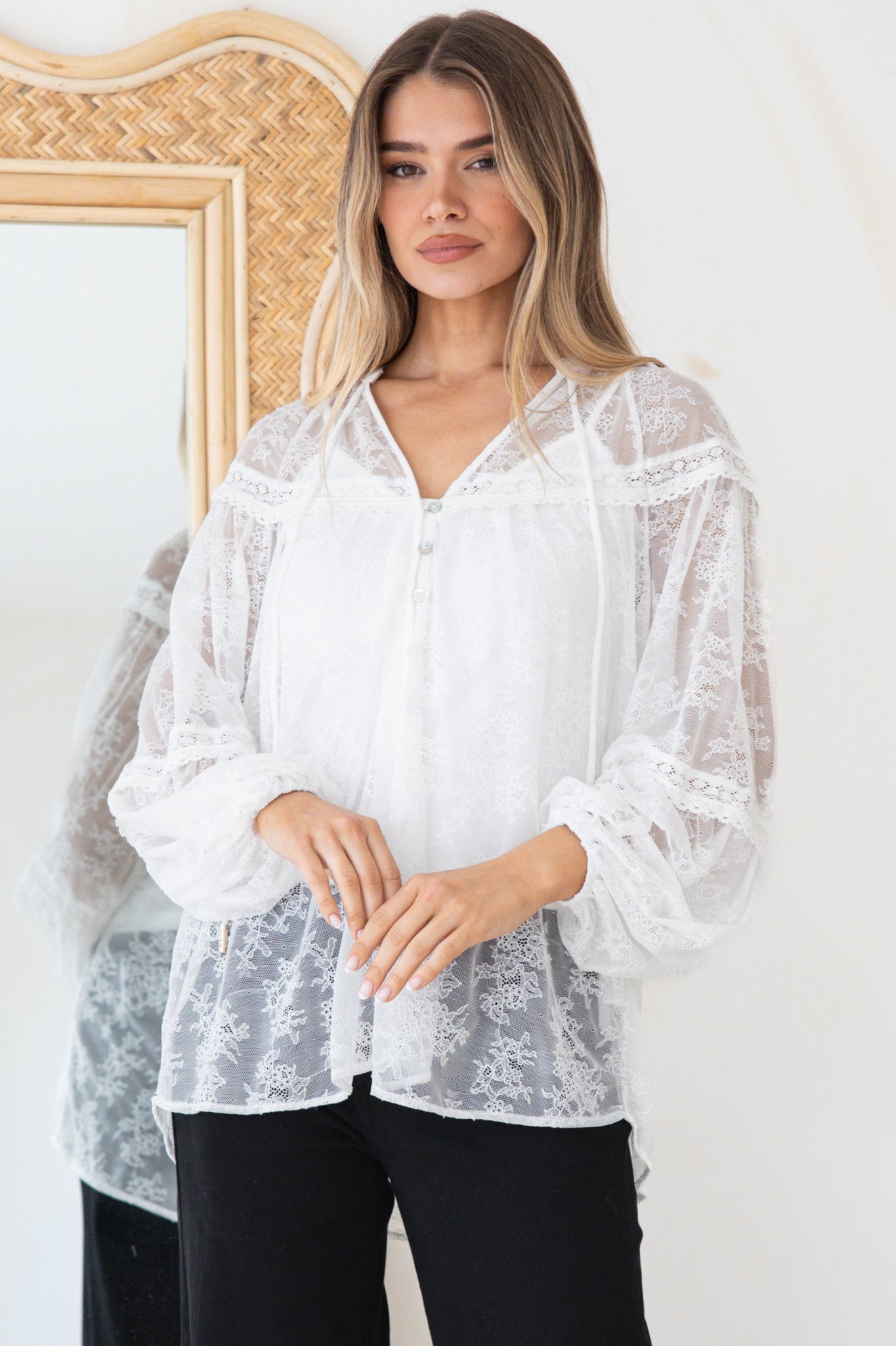 Jocelyn Blouse - Lace Button Down with Cami and Balloon Sleeves in Cream