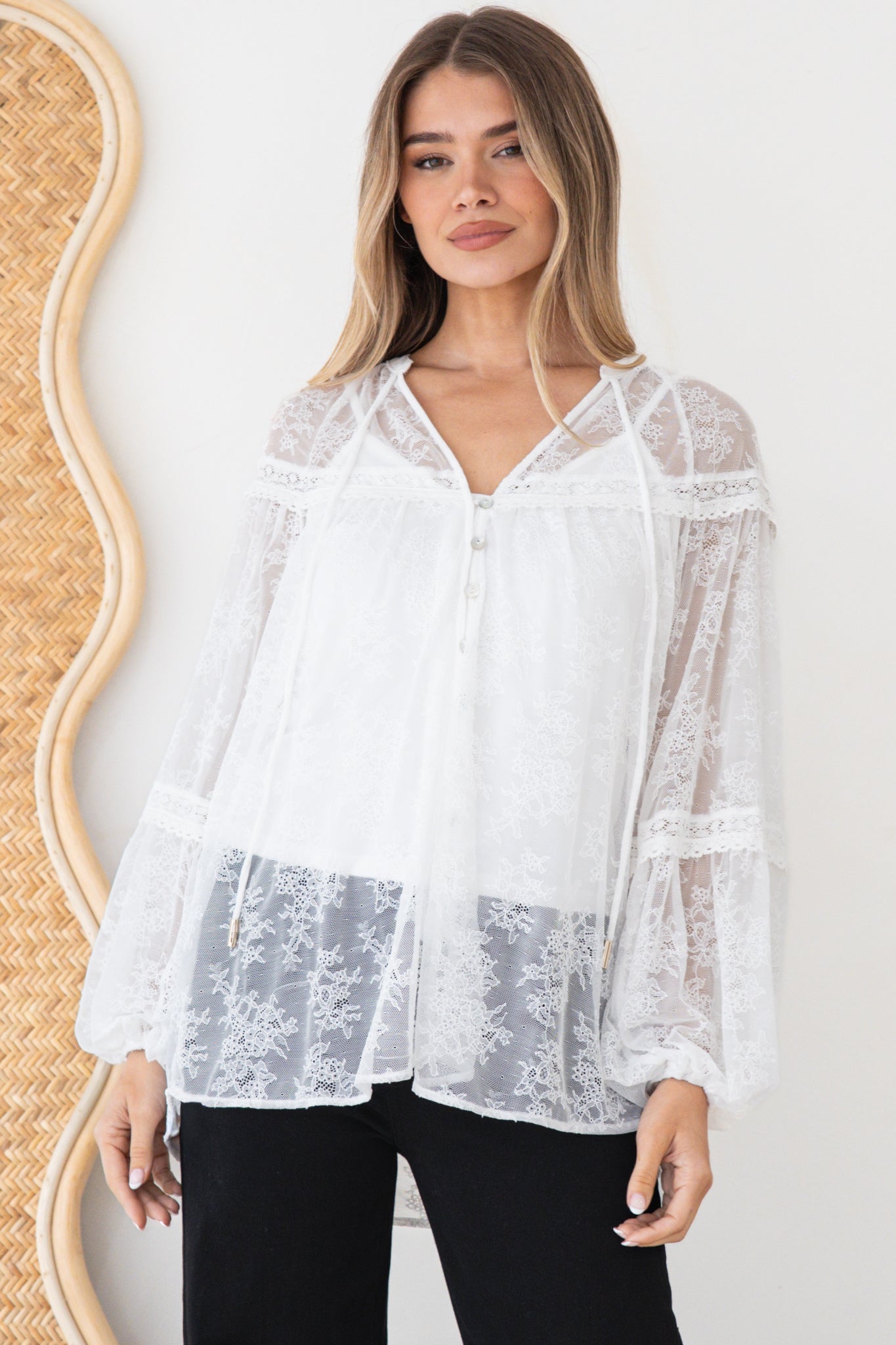 Jocelyn Blouse - Lace Button Down with Cami and Balloon Sleeves in Cream
