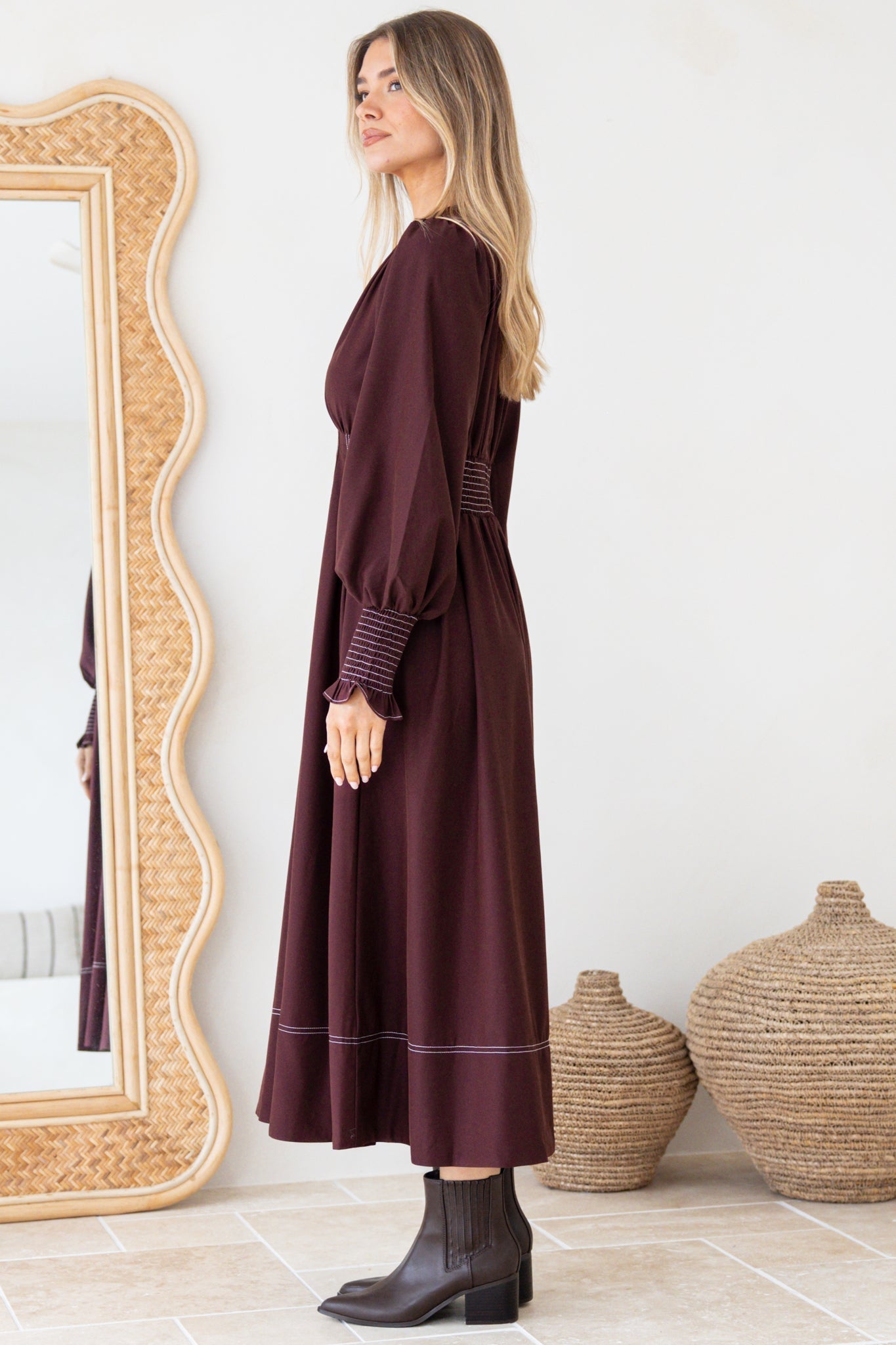Karey Midi Dress - Fit and Flare Contrast Stitching Dress in Wine