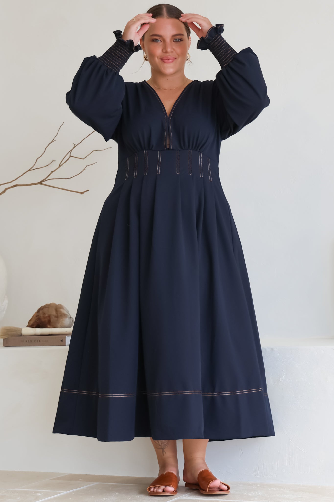 Karey Midi Dress - Fit and Flare Contrast Stitching Dress in Dark Denim
