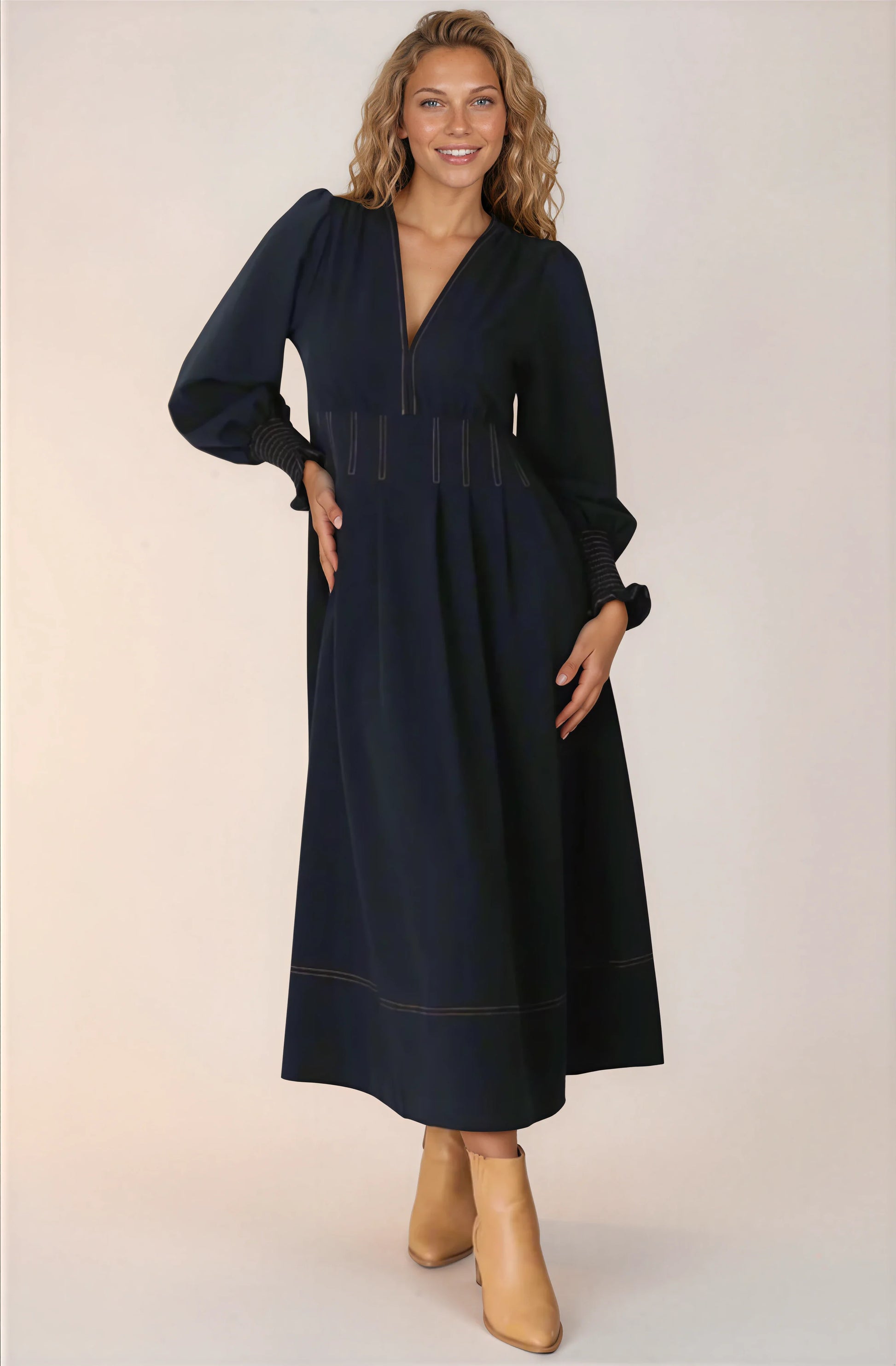 Karey Midi Dress - Fit and Flare Contrast Stitching Dress in Dark Denim