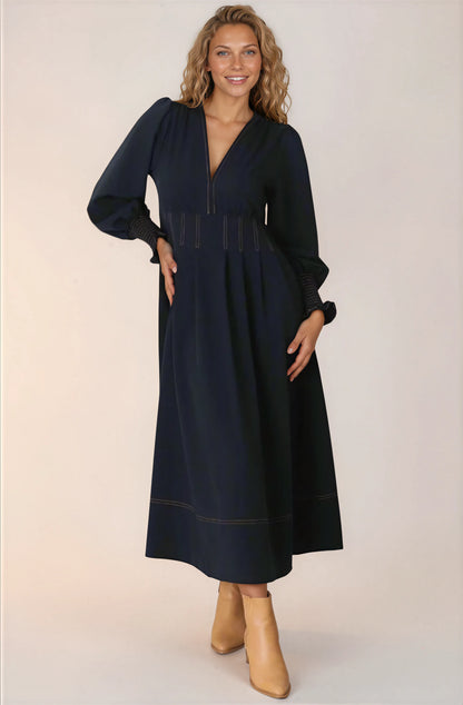 Karey Midi Dress - Fit and Flare Contrast Stitching Dress in Dark Denim