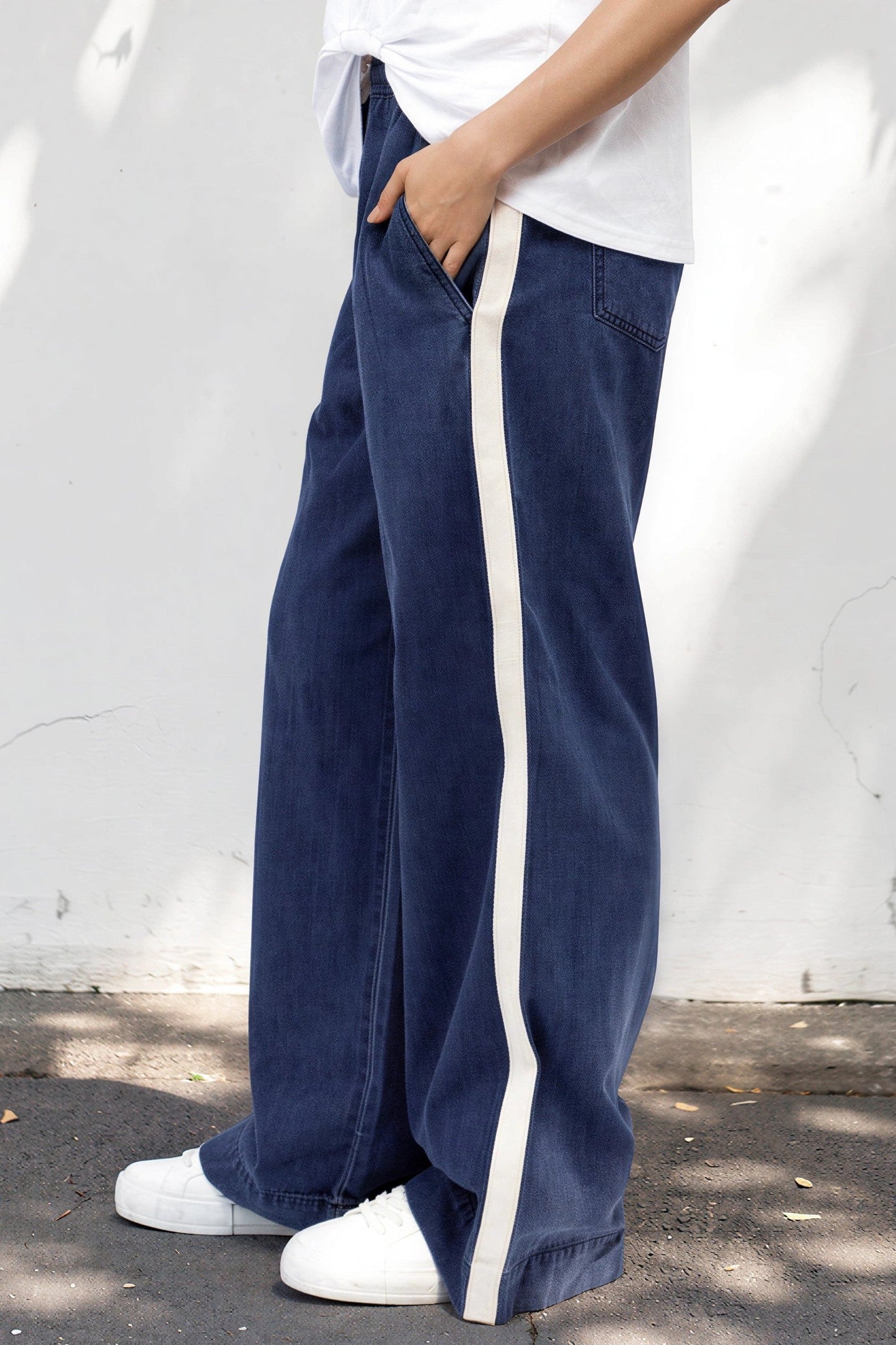 Jakoda Jeans - Elasticated High Waisted Denim Pants with Contrast Stripe in Dark Denim