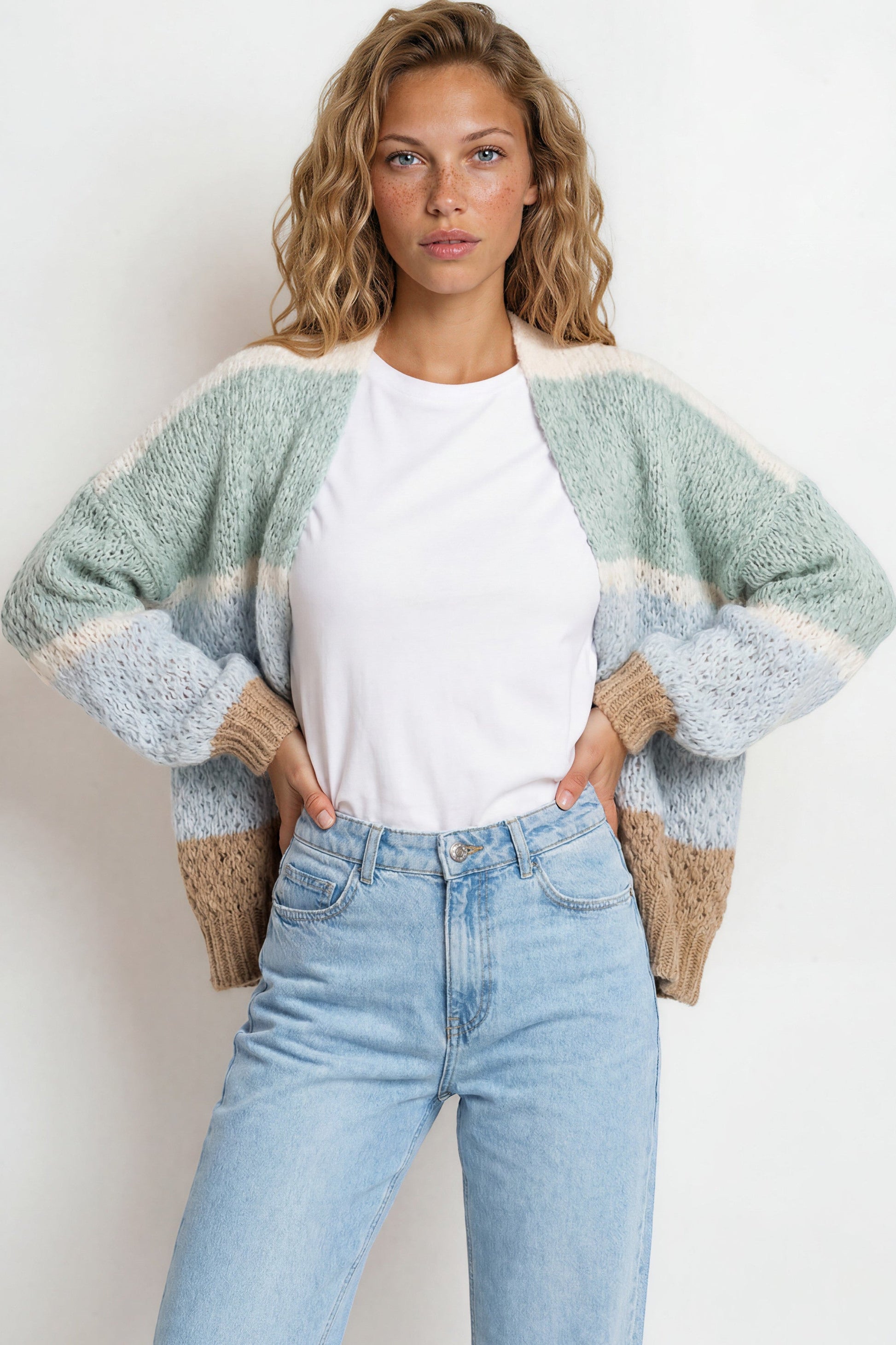 Lane Cardigan - Cropped Open Lattice Knit with Pockets and Balloon Sleeves in White/Green