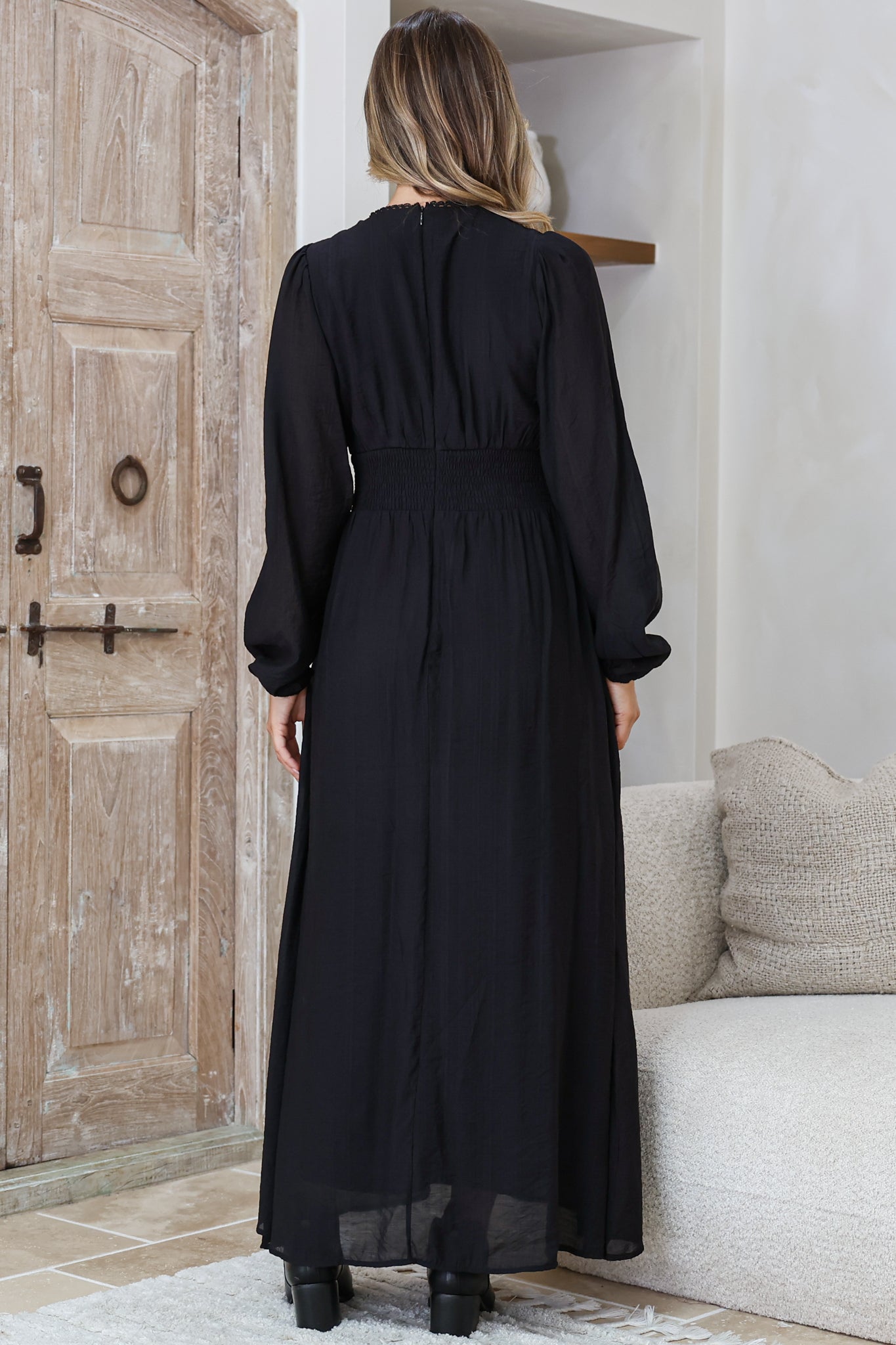 Lauder Maxi Dress - Lace Trim A-Line Dress with Balloon Sleeves in Black