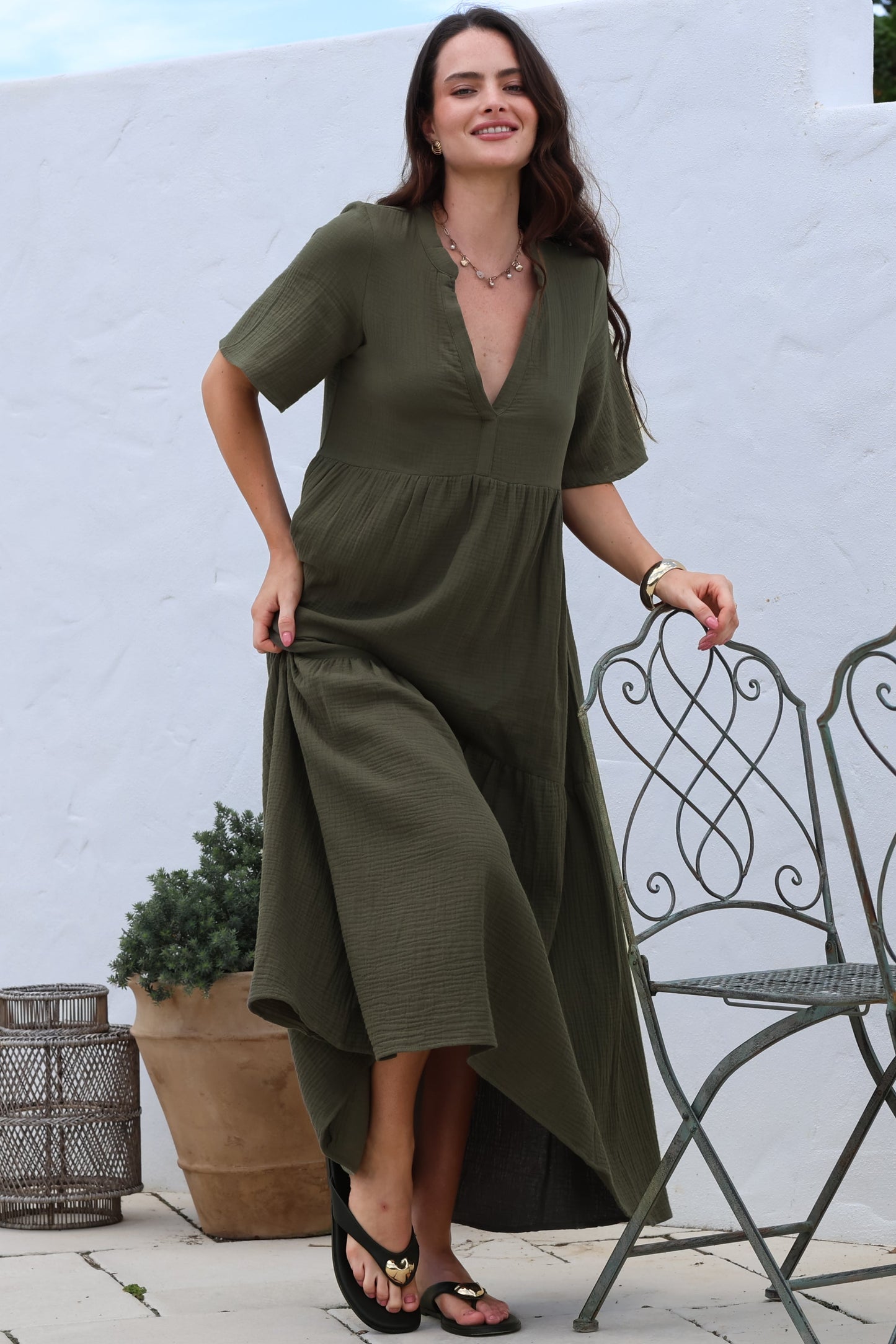 Laysa Maxi Dress - Mandarin Collar Short Sleeve Dress in Khaki