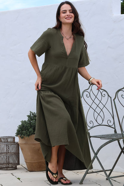 Laysa Maxi Dress - Mandarin Collar Short Sleeve Dress in Khaki