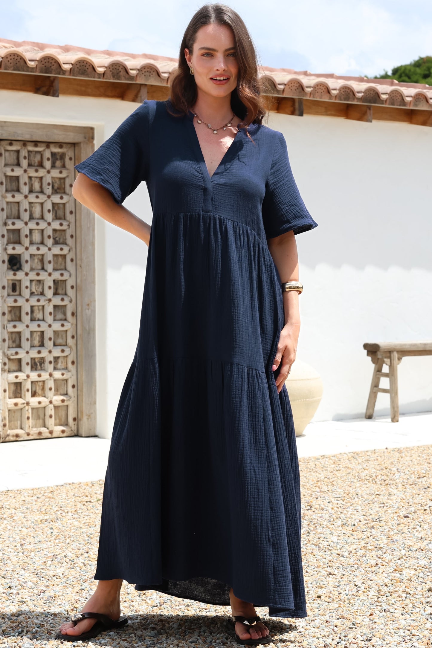 Laysa Maxi Dress - Mandarin Collar Short Sleeve Dress in Navy