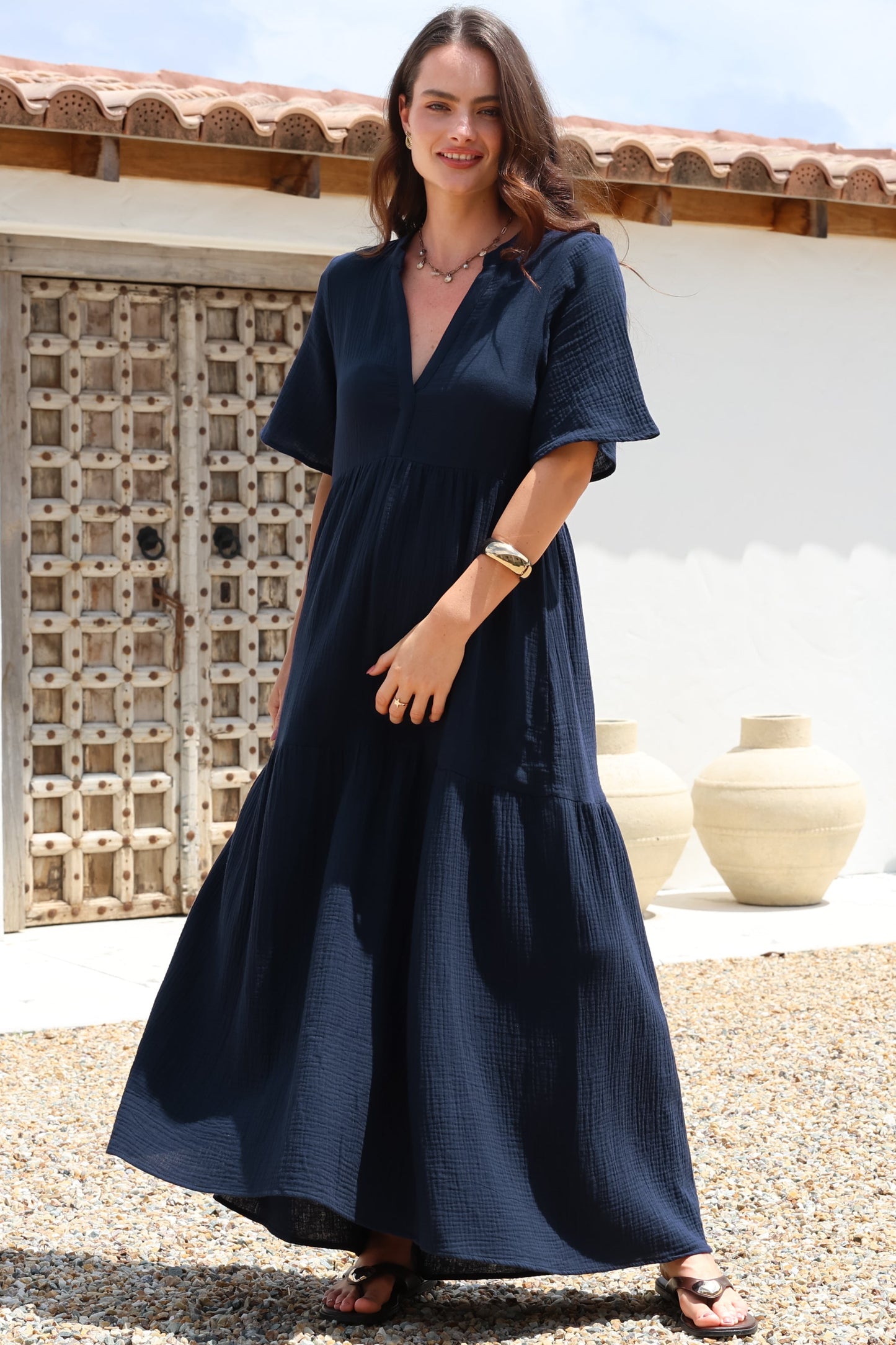 Laysa Maxi Dress - Mandarin Collar Short Sleeve Dress in Navy