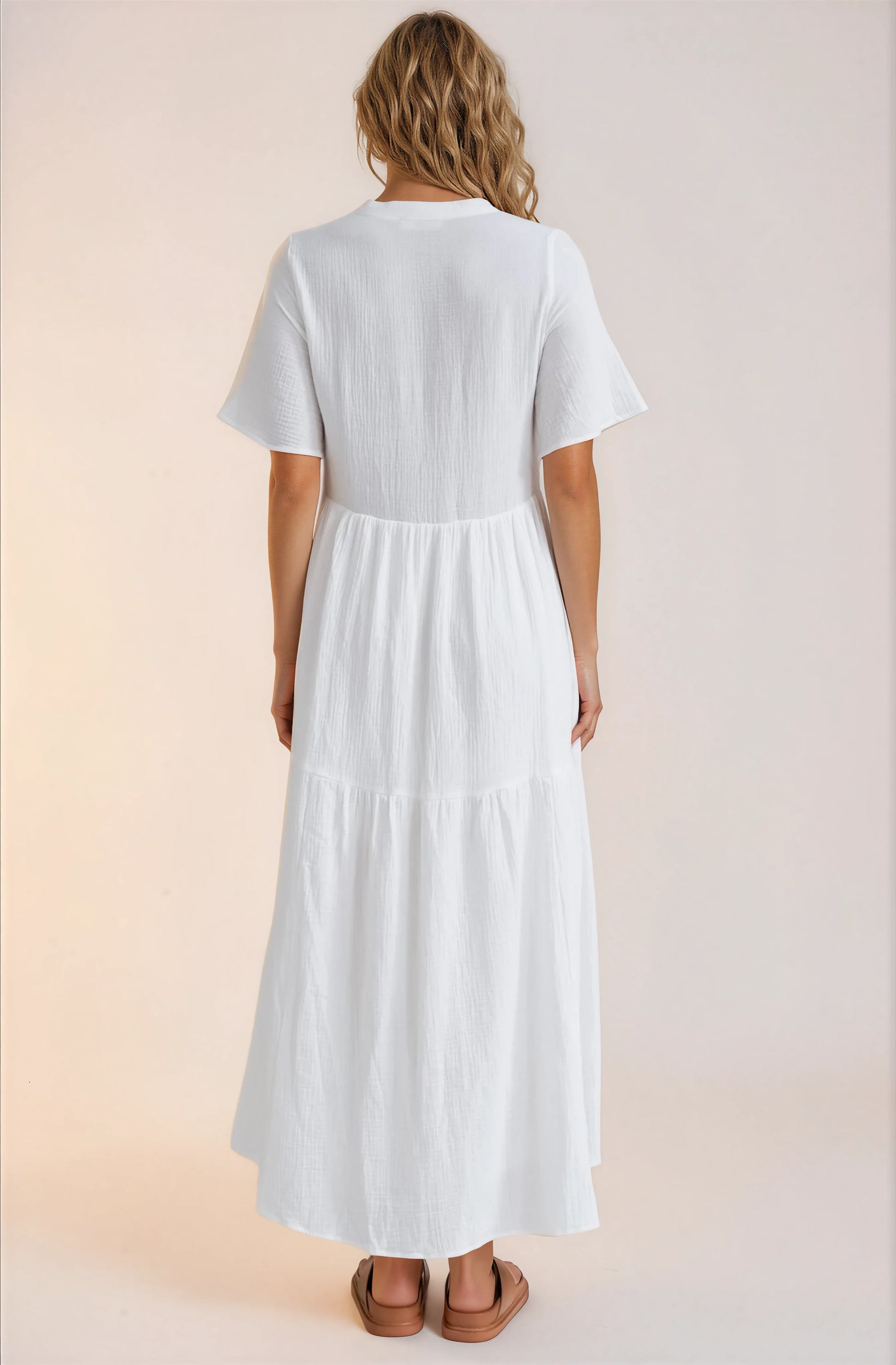 Laysa Maxi Dress - Mandarin Collar Short Sleeve Dress in White