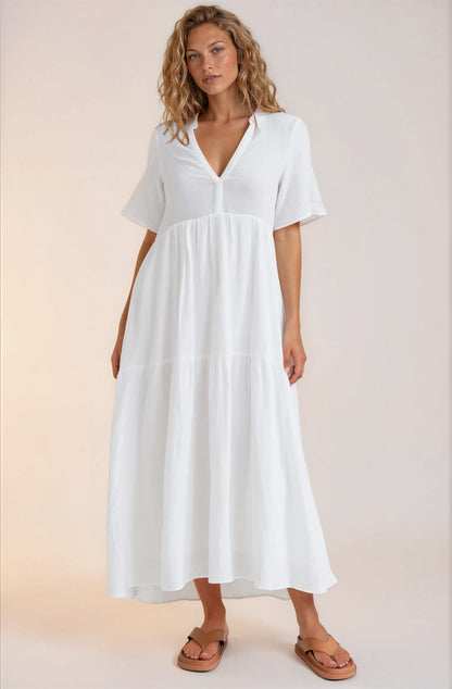 Laysa Maxi Dress - Mandarin Collar Short Sleeve Dress in White