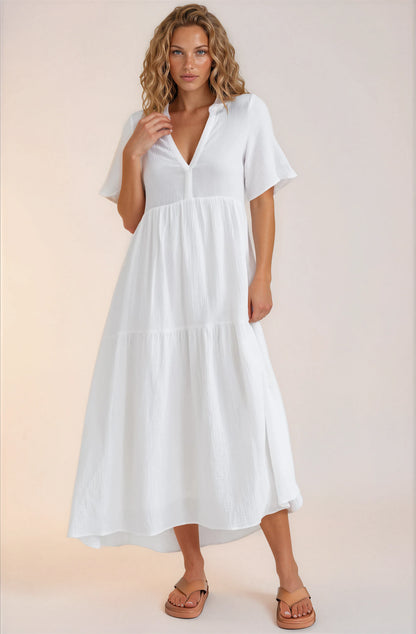 Laysa Maxi Dress - Mandarin Collar Short Sleeve Dress in White