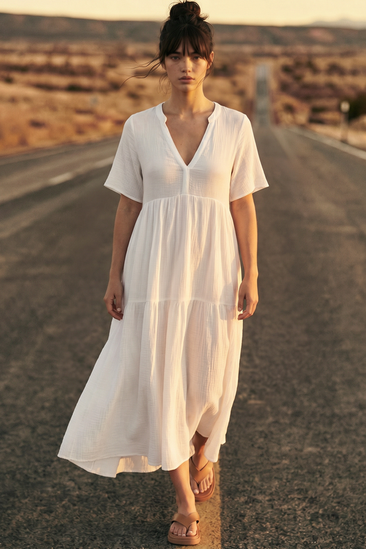 Laysa Maxi Dress - Mandarin Collar Short Sleeve Dress in White