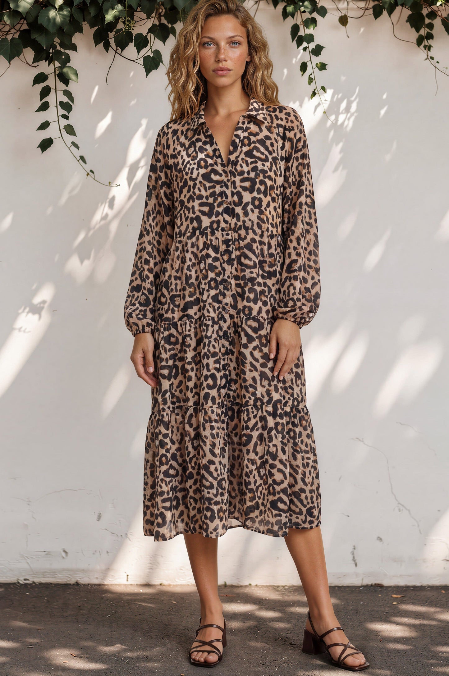 Lexi Midi Dress - Wing Collar Button Down Tiered Smock Dress with Balloon Sleeves in Solaro Print
