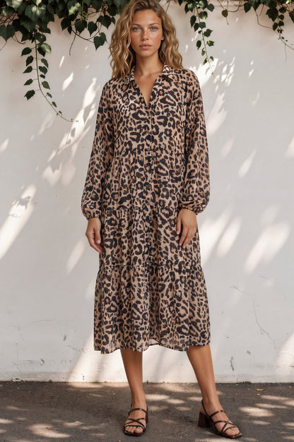 Lexi Midi Dress - Wing Collar Button Down Tiered Smock Dress with Balloon Sleeves in Solaro Print