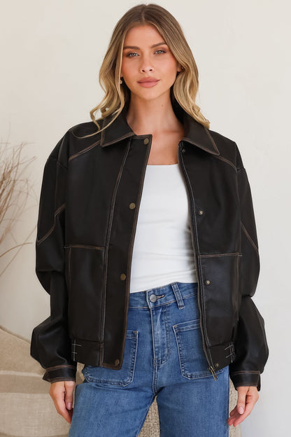 Liano Jacket - Notched Collar PU Leather Constrast Stitch Utility-Style Jacket in Brown