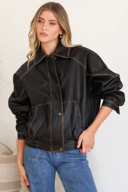 Liano Jacket - Notched Collar PU Leather Constrast Stitch Utility-Style Jacket in Brown