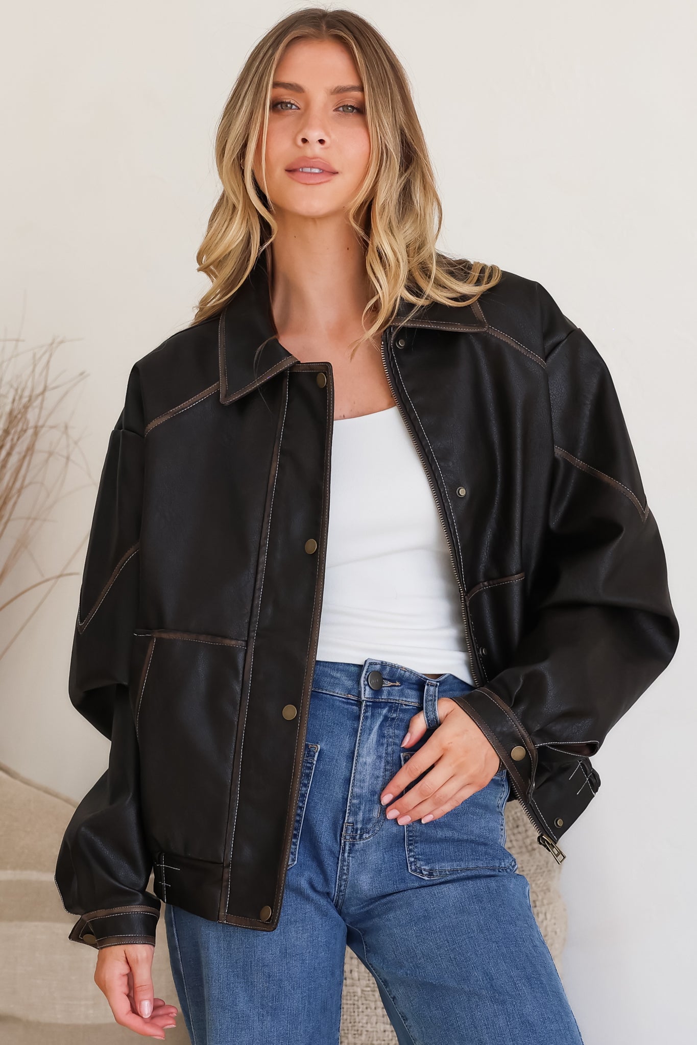 Liano Jacket - Notched Collar PU Leather Constrast Stitch Utility-Style Jacket in Brown
