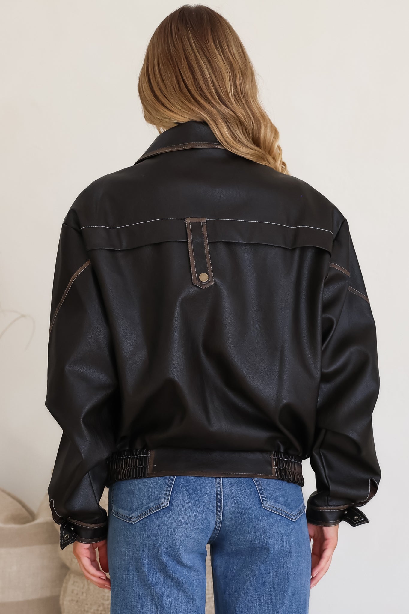 Liano Jacket - Notched Collar PU Leather Constrast Stitch Utility-Style Jacket in Brown