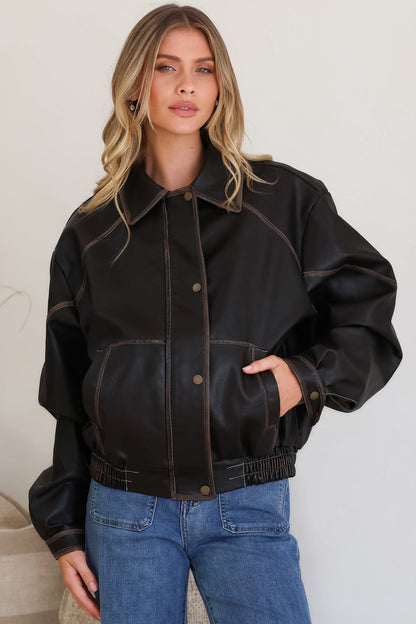 Liano Jacket - Notched Collar PU Leather Constrast Stitch Utility-Style Jacket in Brown