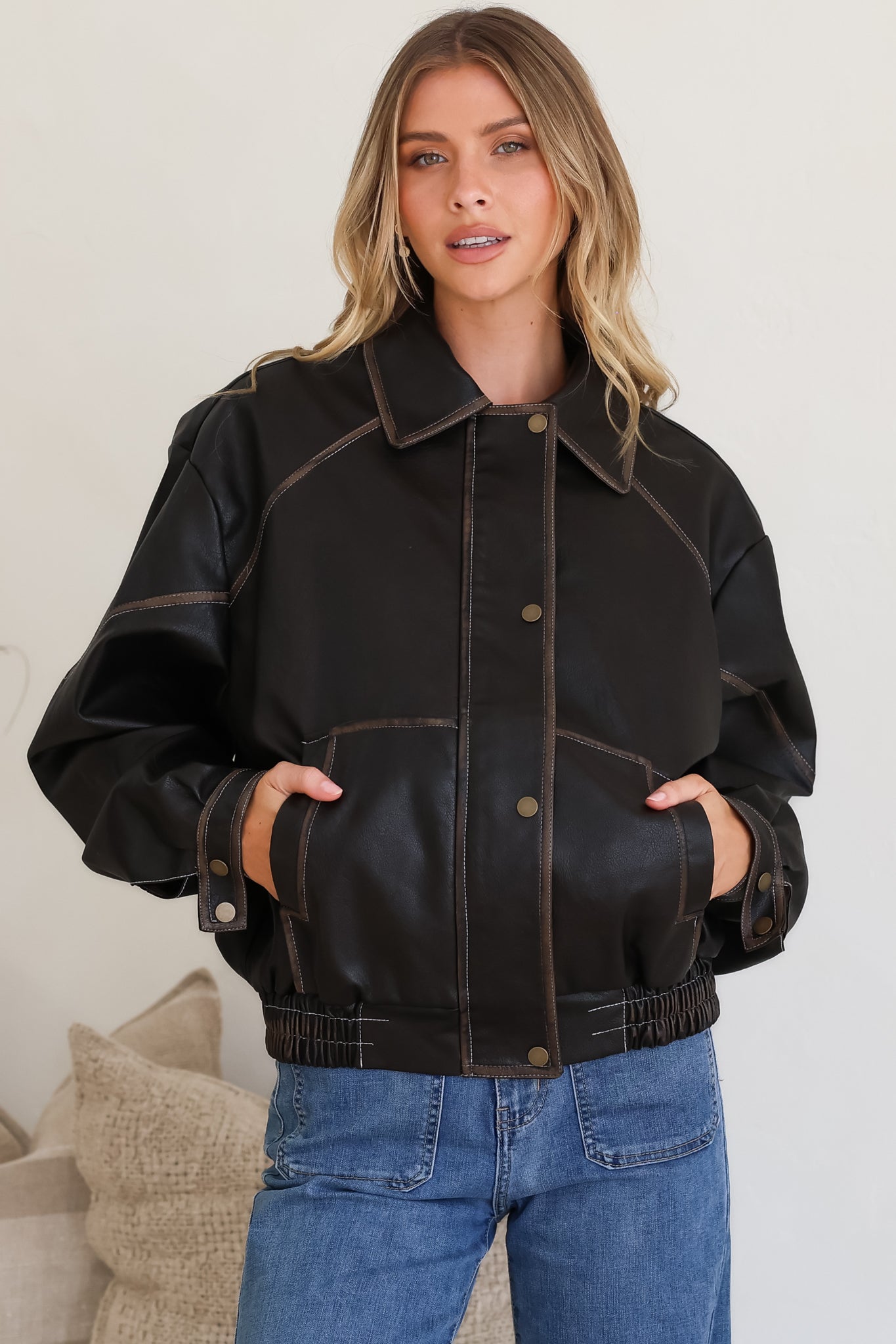 Liano Jacket - Notched Collar PU Leather Constrast Stitch Utility-Style Jacket in Brown