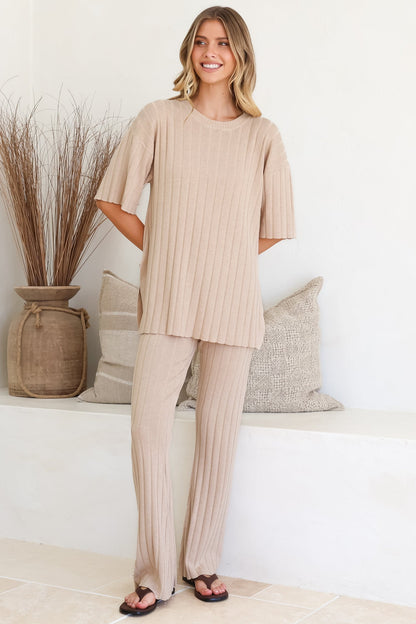 Lisette Set - Ribbed Knit Crew Neck Top and Subtle High Waisted Flared Tights in Cream