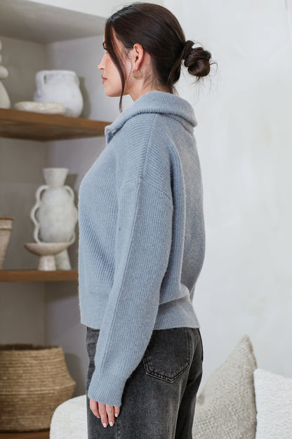 Logan Cardigan - Zipper Front Ribbed Knit with Wing Collar in Blue