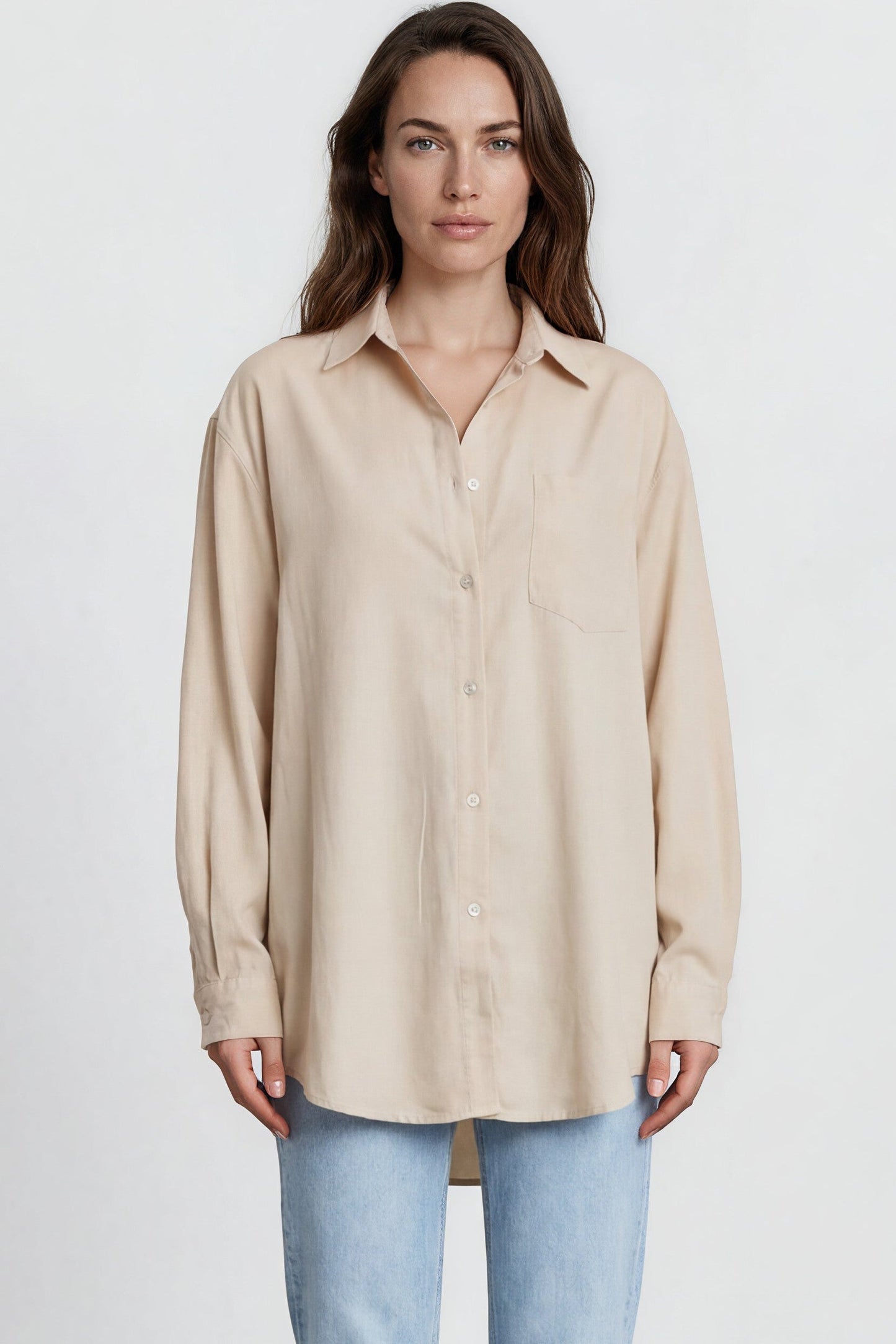 Lopez Shirt - Wing Collared Oversized Button Down with Bodice Pocket in Beige